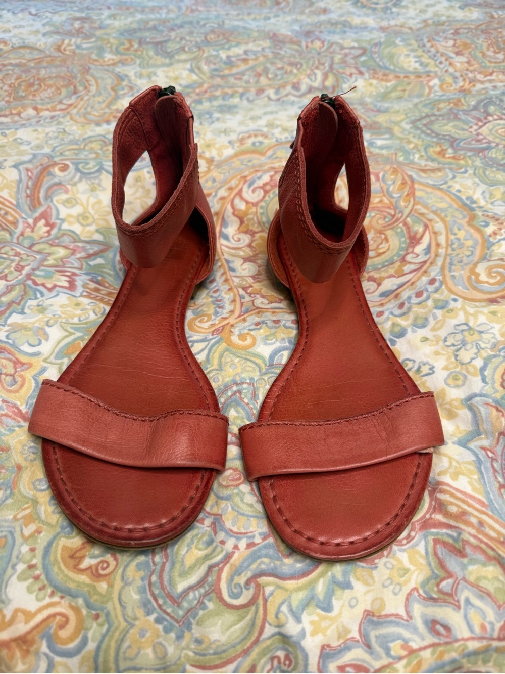 Red Leather Back-Zip Frye Sandals